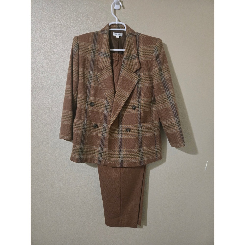 Vintage Echo Field Brown Plaid Blazer & Herringbone Pants Suit Set Womens size 2